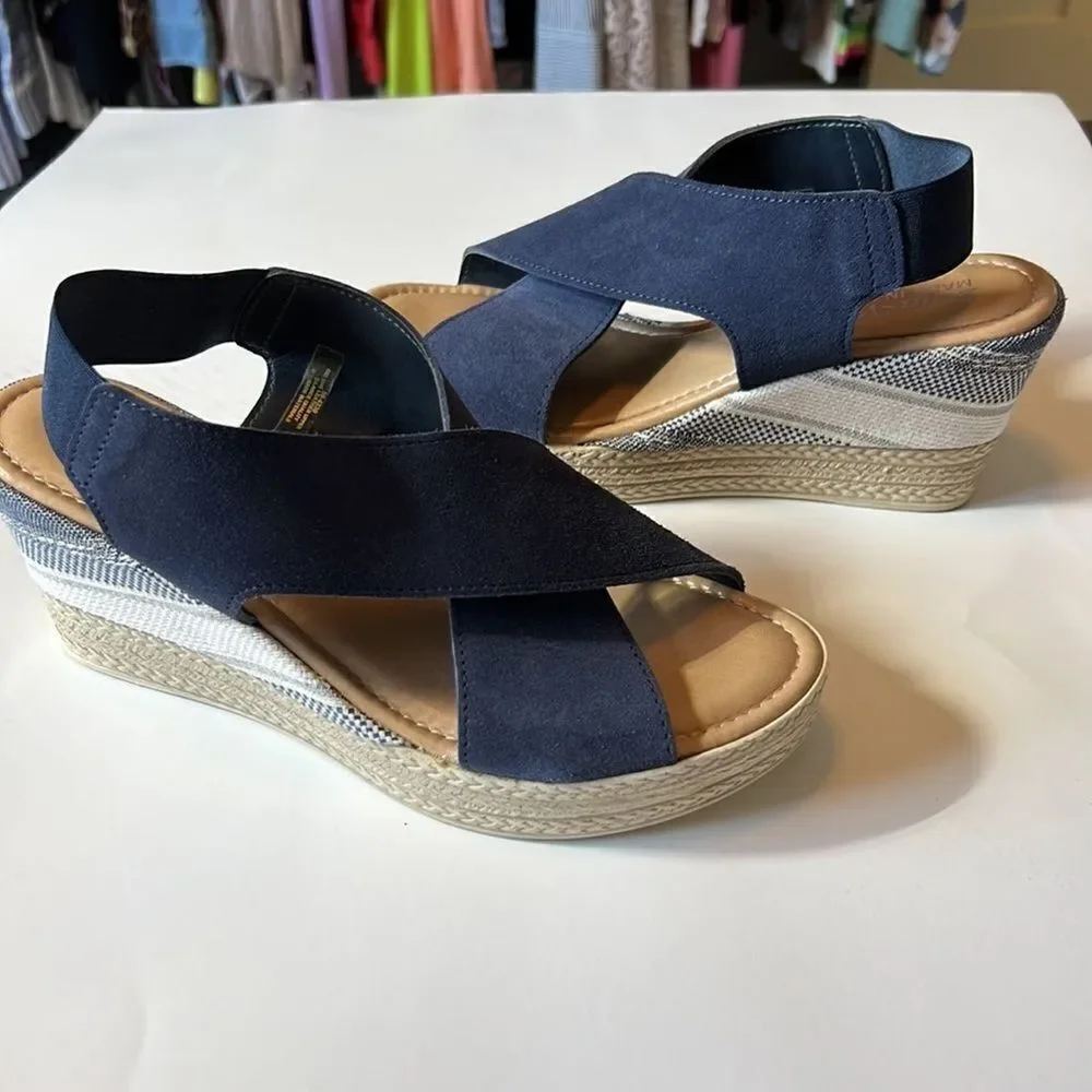 BELLA ~ VITA Women’s Leather Suede Platform Wedge Open Toe Sandal Blue Size 10
